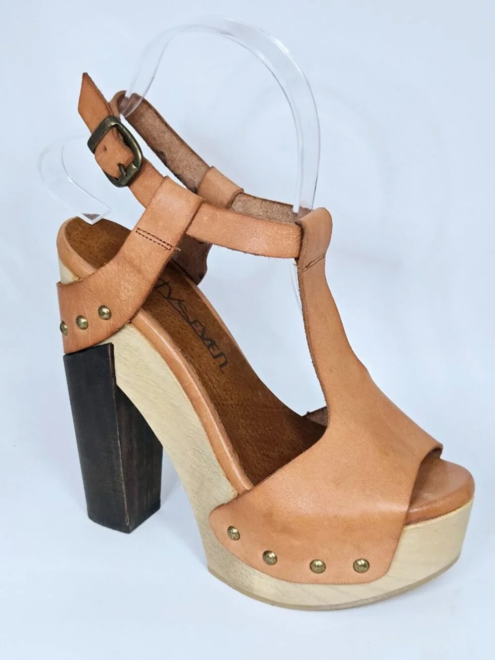 Y2K Sixtyseven Unreleased Sample Tan Leather Studded Platform T Strap Heels 37